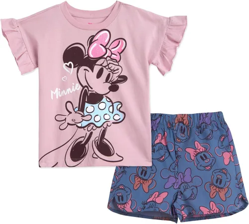 Vista 38 de Disney Minnie Mouse - Conjunto de camiseta floral arcoíris y pantalones cortos de cambray, tallas de bebé a niño grande (12 meses - 14-16)