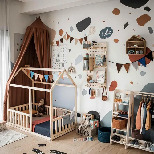 Vista 6 de Cama para niños pequeños con rieles, Cama en forma de casa, Cama Montessori con rieles, Cama para niños, Cama de casa, Cama de piso para niños, Cama