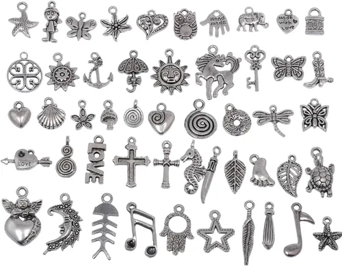 Vista 4 de RUBYCA 50 dijes de plata mixta a granel para hacer joyas, pulseras, colgantes pequeños para collares, color plateado envejecido, como en la imagen