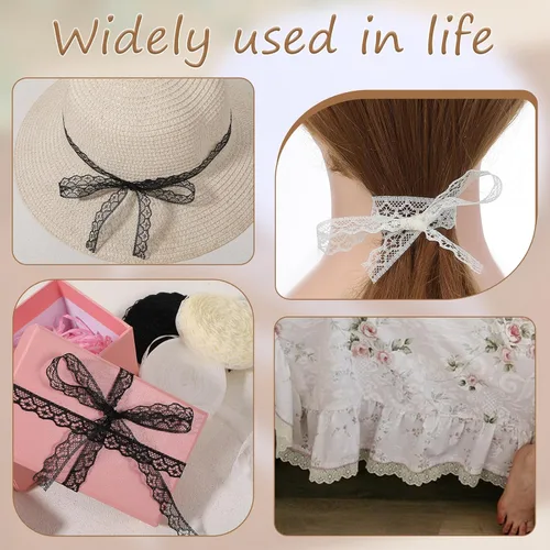 Vista 3 de Rollo de cinta de encaje de 60 yardas de 0.6 pulgadas de ancho, para decoración de bodas, ramo y embalaje de regalo (negro, blanco, beige)