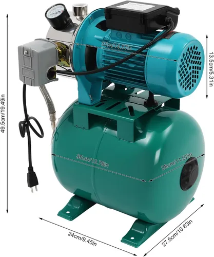 Vista 6 de Bomba de pozo poco profundo 1HP con tanque de presión, cabeza máxima de 148 pies, bomba de riego de acero inoxidable de 800 GPH con interruptor