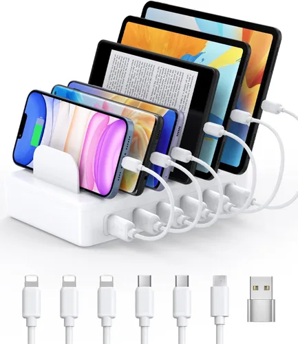 Vista 10 de CREATIVE DESIGN Estación de carga múltiple de 50 W y 6 puertos con 6 cables de carga, base de carga USB para múltiples dispositivos, compatible