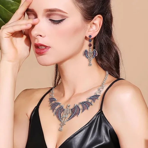 Vista 2 de EVER FAITH Austrian Crystal Gothic Style Halloween Skull Bat Necklace Earrings Set