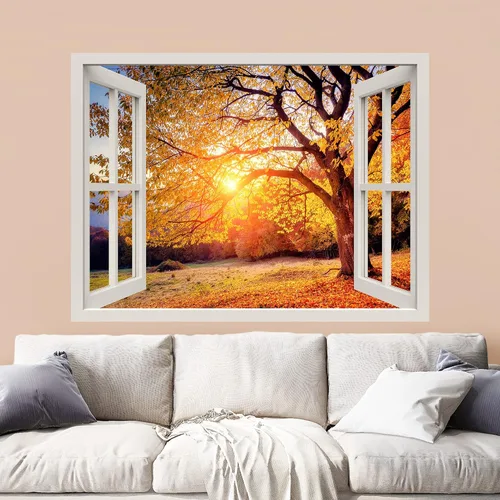 Vista 20 de Mural autoadhesivo, casa del árbol en el bosque, visualización de ventana creativa, decoración de paredes
