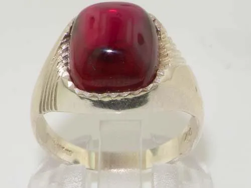 Vista 3 de Anillo de plata de ley 925 maciza con cabujón creado en rubí para hombre tamaños 6 a 13 disponibles
