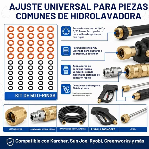 Vista 3 de Kit de 50 juntas tóricas para hidrolimpiadora a presión, sellos de repuesto de goma NBR de 1/4 y 3/8 pulgadas para Karcher Sun Joe Ryobi Greenworks