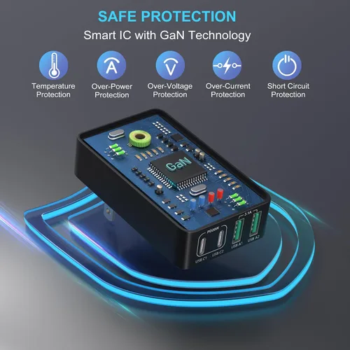 Vista 6 de Bloque de cargador plano USB C, enchufe de pared de carga rápida OKRAY 40W 4 puertos tipo C PD3.0&QC3.0 Multiport Charger Slim Travel Power
