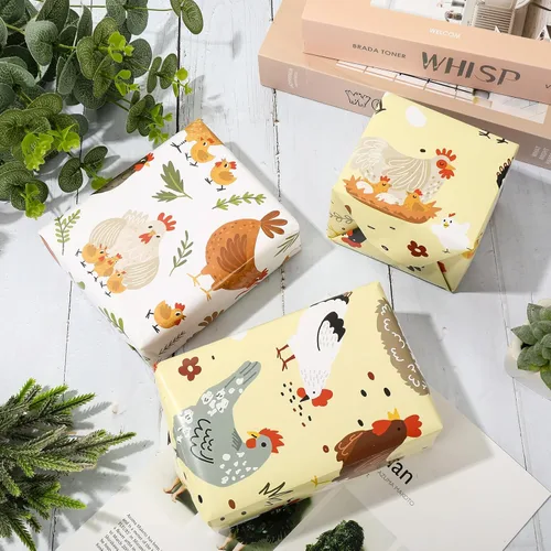 Vista 4 de JarThenaAMCS 8 hojas de papel de regalo de animales de granja, no enrollado, papel de regalo de pollo plegado plano para manualidades, baby shower