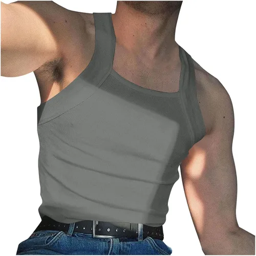 Vista 11 de Generic Camiseta sin mangas acanalada para hombre, corte cuadrado, camiseta sin mangas ajustada, ropa interior de verano, a la moda