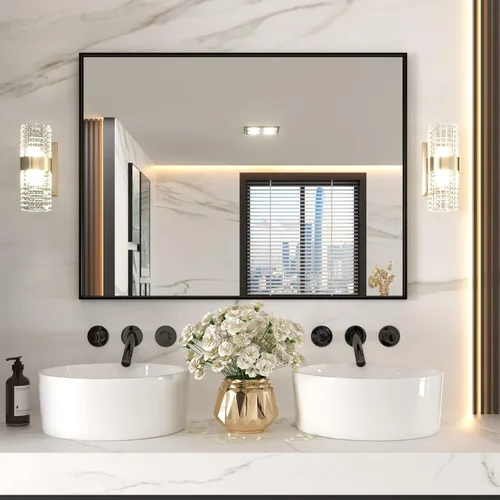 Vista 13 de LOAAO Espejo de Baño de Pared Rectangular Negro de 20"X30", Marco de Aleación de Aluminio Negro Mate, Vidrio Templado, se Cuelga Vertical u