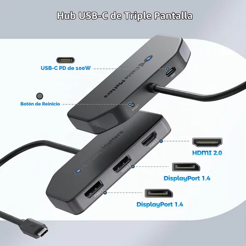 Vista 2 de Cable Matters Hub USB C MST de triple pantalla 4K @60Hz para Windows