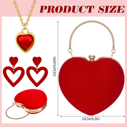 Vista 2 de Kigeli 3 piezas de bolso de noche con forma de corazón para el día de San Valentín, doble colgante, aretes de corazón, collar con colgante