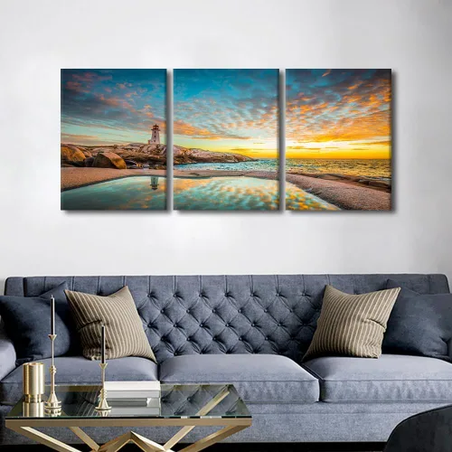Vista 3 de TFIAVSIN 3 paneles de arte para pared, impresión en lienzo con diseño de faro de Peggy's Cove, puesta de sol, vista al océano, paisaje, cuadro