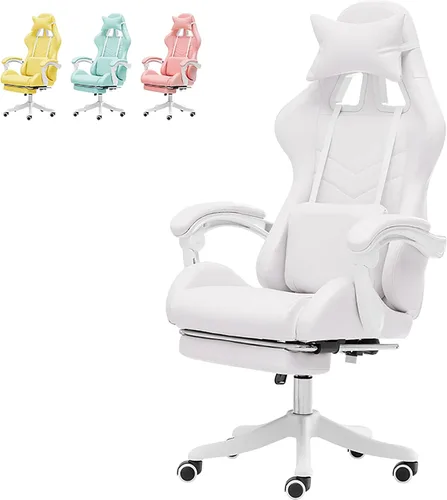 Vista 11 de Linda silla de juegos con reposapiés, sillas de videojuegos de respaldo alto, silla Kawaii de piel sintética con soporte lumbar y reposacabezas