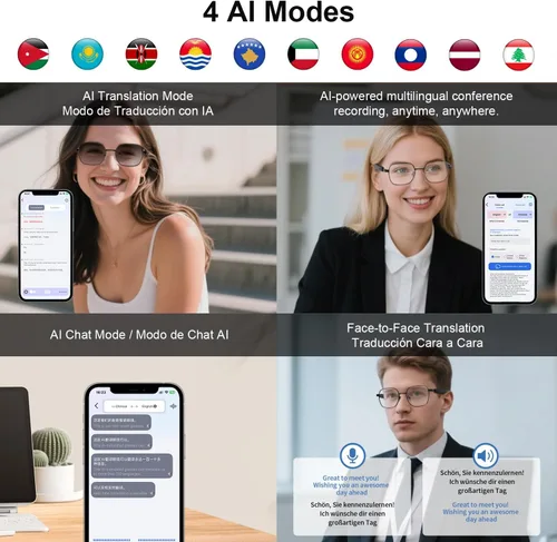 Vista 7 de Lentes inteligentes AI, impulsados por GPT, admiten traducción de más de 165 idiomas, traductor multifuncional, reducción de ruido y lentes