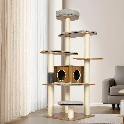 Vista 8 de KAMABOKO Árbol moderno para gatos, 39 pulgadas de alto para gatos de interior, condominio natural con postes rascadores, torre tejida a mano