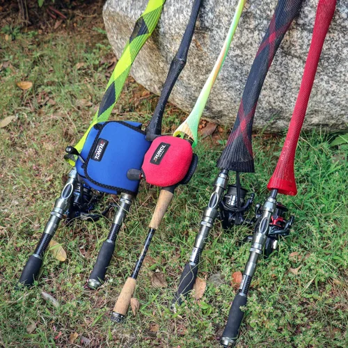 Vista 6 de RUNCL Fundas para caña de pescar y bolsas de carrete, calcetines de caña de hilar/fundición y cubiertas de carrete de spinning/baitcasting, solución
