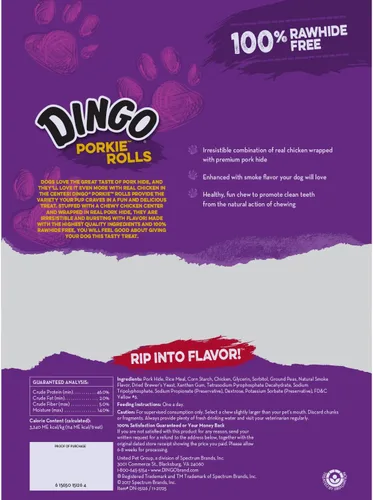 Vista 2 de Dingo Porkie Rolls 15 unidades, masticables de piel de cerdo para perros, hechos con pollo real Long-Lasting Pork Hide With Real Chicken Provides
