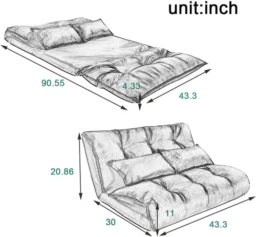 Vista 2 de Sofá perezoso con 2 almohadas, sofá cama de suelo con respaldo ajustable, sofá futón plegable para leer juegos, espacios pequeños, apartamento