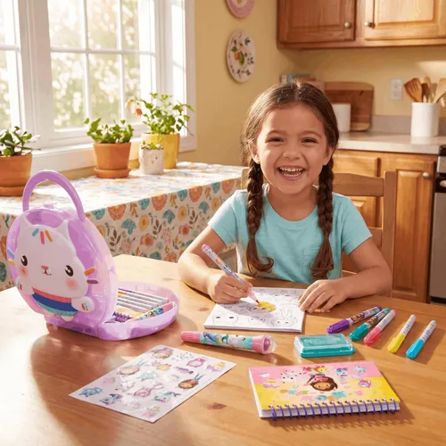 Vista 9 de Gabby's Dollhouse - Juego de actividades para colorear y calcomanías con estuche de viaje para niños Gabby Dollhouse Crafts, Travel Art Kit with