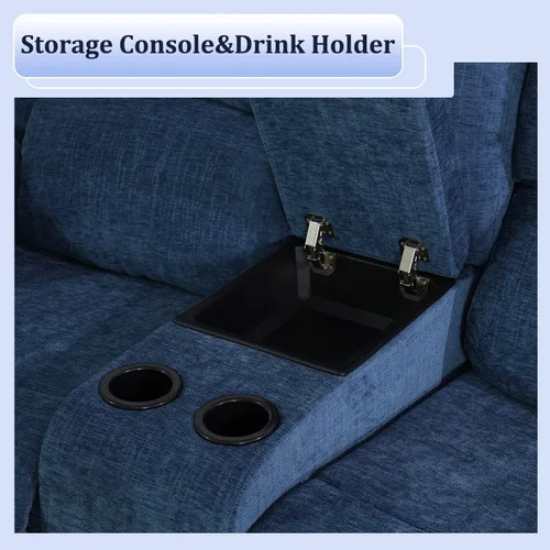 Vista 5 de Juego de sofá reclinable de 2 piezas de tela de microfibra, juego de muebles de sala de estar, sofá reclinable y sofá biplaza con portavasos y Azul