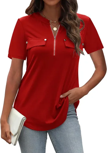 Vista 4 de Camisa LuckyMore de manga corta, con cierre zipper, de oficina, de trabajo, informal, suelta, para mujer
