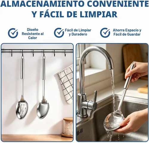 Vista 6 de Juego de 2 cucharas de cocina grandes, cuchara de servir de acero inoxidable y cuchara ranurada para cocinar, cucharas largas resistentes al calor