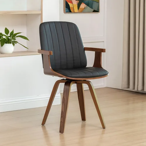 Vista 13 de WUPOTO Juego de 1 silla de comedor giratoria, silla de comedor moderna de mediados de siglo con artesanía de nogal, piel sintética tapizada, brazos