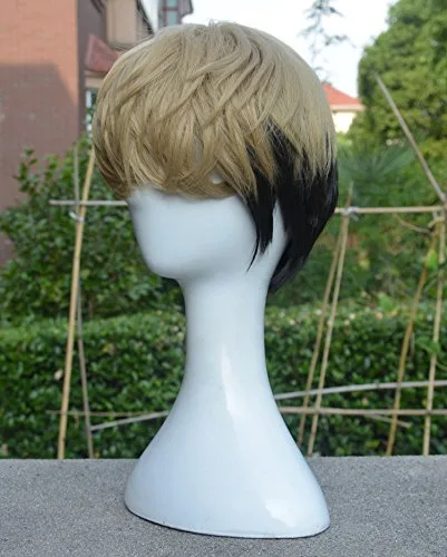 Vista 3 de Peluca de cosplay de anime para hombres y niños, peluca corta mixta de cabello rubio negro, peluca de cosplay, peluca de Halloween, fiesta de Navidad