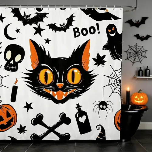 Vista 18 de Happy Halloween Shower Curtain,Bowknot Snowflake Pattern Bathroom Curtains,Sweet Ghost Holiday Theme Waterproof Bath Curtain,Black Bathroom Curtains
