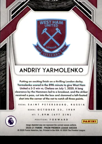 Vista 2 de 2020-21 PANINI PRIZM PREMIER LEAGUE #195 ANDRIY YARMOLENKO WEST HAM UNITED SOCCER OFFICIAL TRADING CARD OF SOCCER
