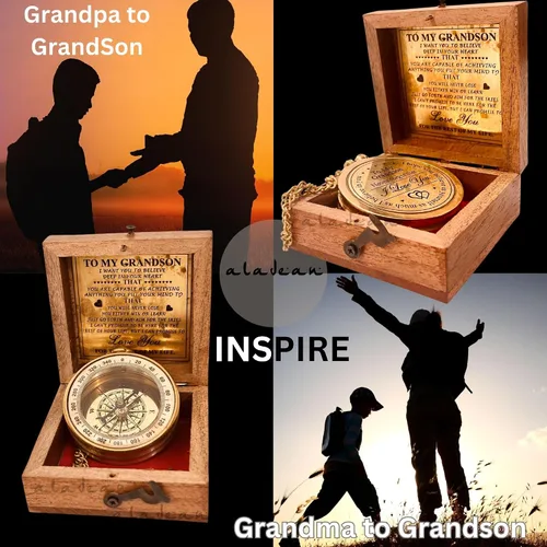 Vista 5 de ALADEAN Brújula de búsqueda de caminos divinos de Brass Grandson's - Cita grabada, caja de madera, regalo edificante