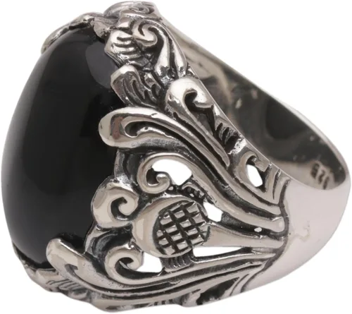 Vista 4 de NOVICA Anillo de cóctel floral de plata de ley 925 de ónix negro