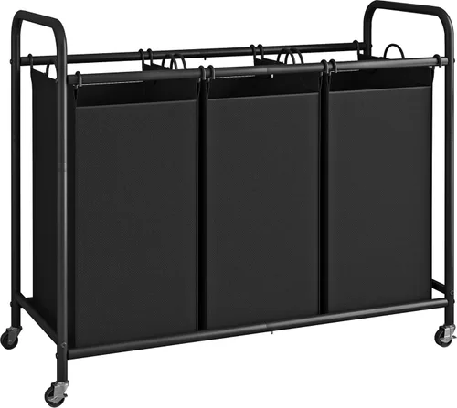 Vista 15 de LINZINAR Clasificador de ropa sucia de 3 bolsas, carrito de lavandería con ruedas enrollables resistentes y bolsas extraíbles (gris) Laundry Room