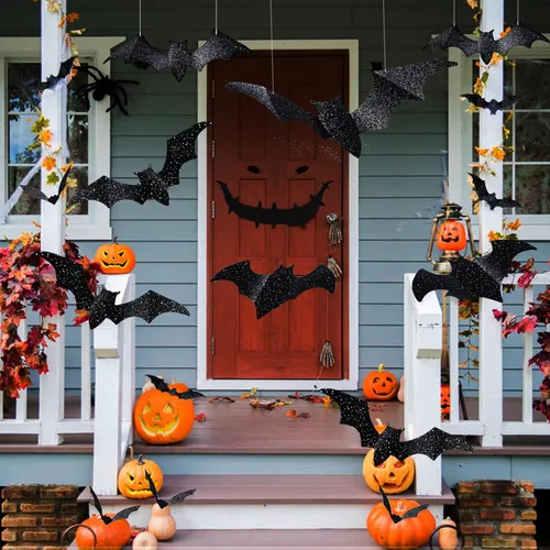 Vista 6 de DIYASY 56 piezas de murciélagos grandes para decoración de pared, murciélagos colgantes con purpurina para Halloween, calcomanías de murciélagos