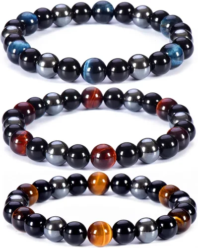 Vista 8 de SAMXY Triple Protection Bracelet, 8mm Healing Crystal Bead Bracelet, 3pcs Blue Red Tiger's Eye Obsidian Hematite Bracelet Women Men