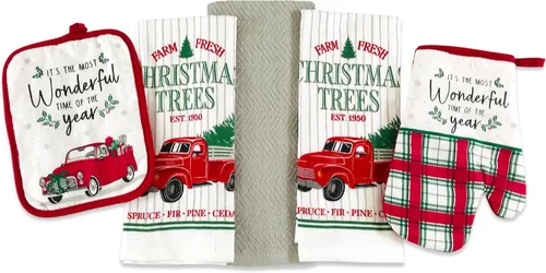 Vista 3 de Juego de soportes para ollas de toallas de cocina navideñas: camión de cuadros rojos con árbol para las vacaciones (casa de vacaciones)