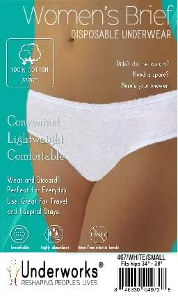 Vista 3 de Underworks Paquete de 20 ropa interior desechable 100% algodón para mujer, para viajes, estancias en hospital, emergencias