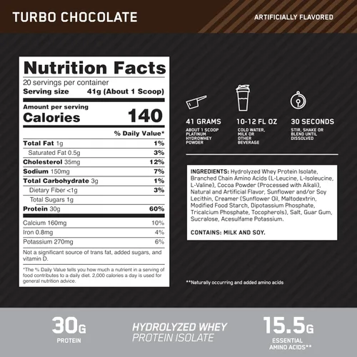 Vista 3 de Optimum Nutrition Platinum Hydrowhey Proteína en polvo, Turbo Chocolate, 2