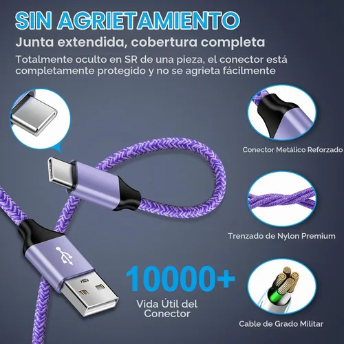 Vista 7 de Cable de carga rápida tipo C cargador de teléfono Android 3FT USB C Power