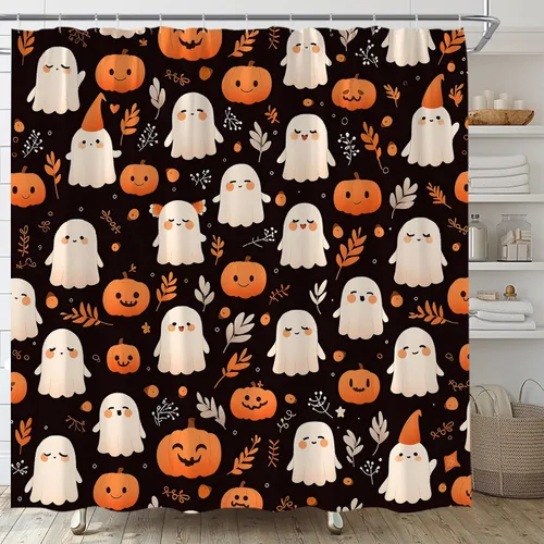 Vista 3 de Cortina de ducha de fantasma de Halloween, diseño de calabaza espeluznante, hojas retro, divertida tela de dibujos animados para decoración de baño
