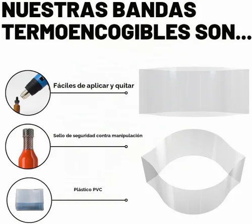 Vista 3 de Bandas retráctiles perforadas transparentes de 38 x 56 mm para botellas Boston redondas pequeñas, viales, botellas cuentagotas, botellas de A)