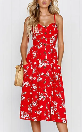 Vista 33 de Angashion - Vestido floral de verano estilo bohemio para mujer, con botones, bolsillos y tiras ajustables
