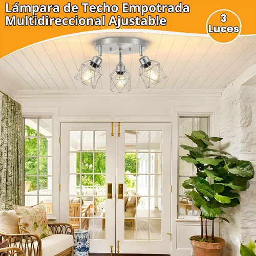 Vista 5 de Baocuz Lámpara de techo semiempotrada de níquel cepillado de 3 luces, luminarias de cocina ajustables montaje al techo base E26, luces de techo
