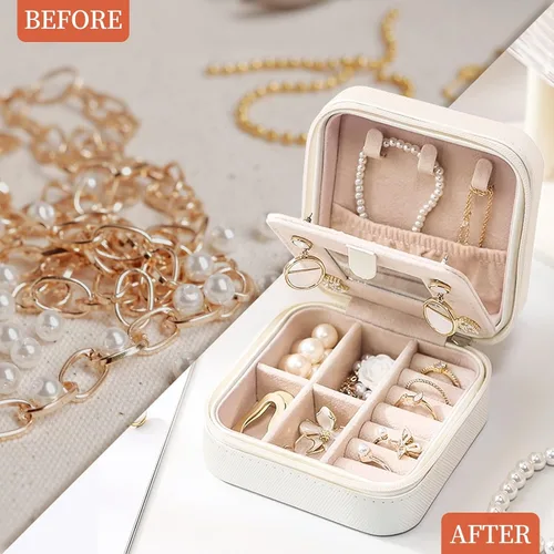 Vista 2 de My Daily Joyero de viaje Joyero pequeño para mujeres y niñas, organizador de regalo, cajas de cuero con espejo, blanco, inicial E