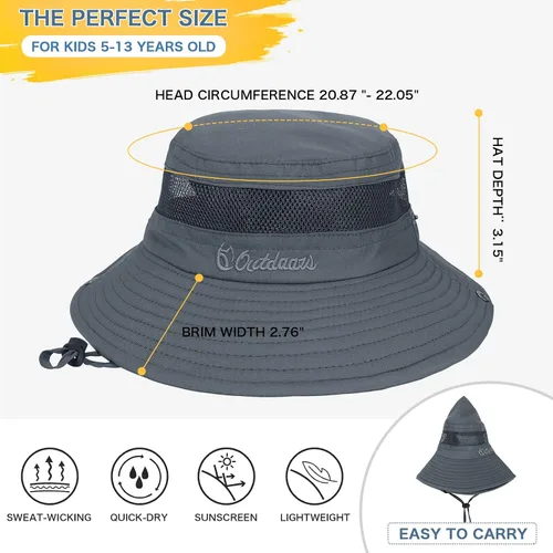 Vista 6 de Sombrero de sol para niños con protección solar UPF 50+, sombrero de pescador para niños y niñas, ala ancha, verano, playa, pesca, safari, sombrero
