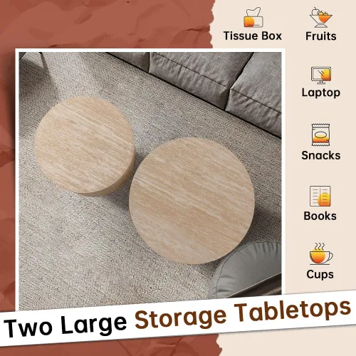 Vista 5 de Juego de 2 mesas auxiliares redondas de travertino de 18 pulgadas (travertino) for Living Room, Travertine Side End Table, Nested Design, Mid