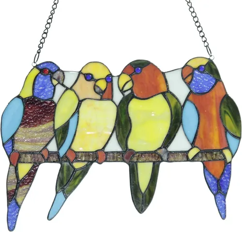 Vista 6 de Bieye W10001 Tropical Birds Tiffany - Panel de ventana con cadena, 14.5 pulgadas de ancho (4 loros)
