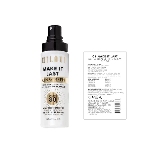 Vista 2 de Milani Spray de fijación y base de maquillaje + protector solar, protector solar duradero para la cara - SPF 30 Protección UVA y UVB Fórmula rica
