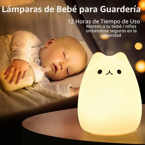 Vista 5 de Lámpara LED de mesilla de noche con forma de gato, multicolor silicona suave para habitación del bebé, control, blanco cálido y 7 modos de luz